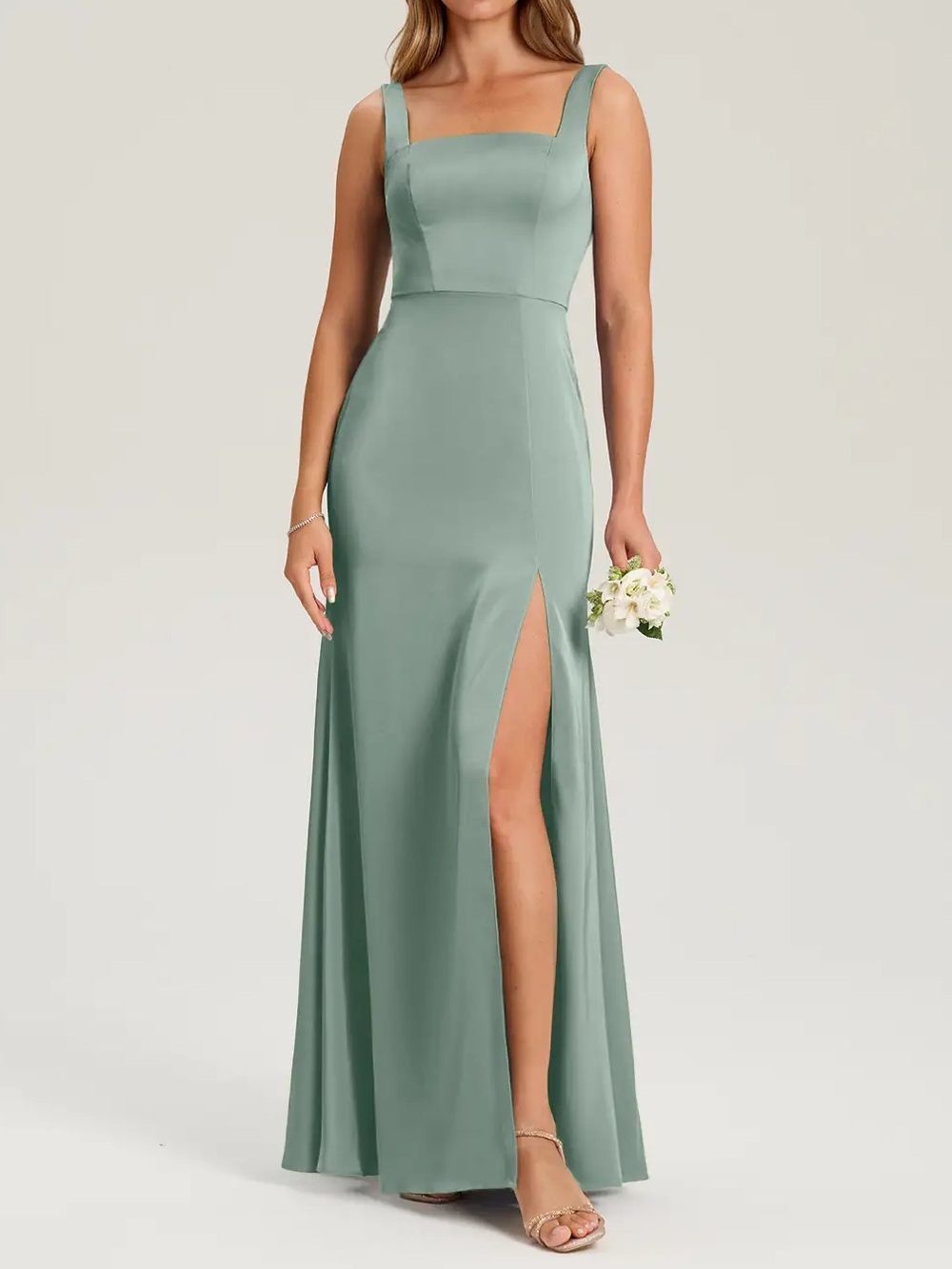 Azazie Green Maxi Dress Size 2 Slit Bridesmaid Formal Agave Silver Sage Frostine